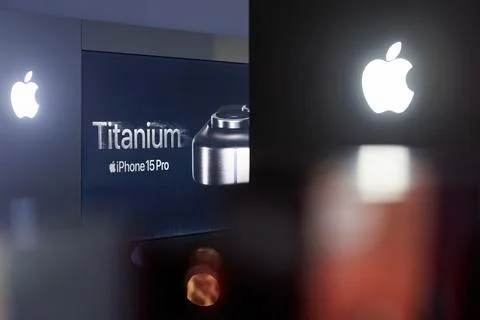 Iphone 15 Pro Titanium ad banner. Iphone smartphone Stock Photos