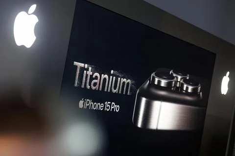 Iphone 15 Pro Titanium ad banner. Iphone smartphone Stock Photos