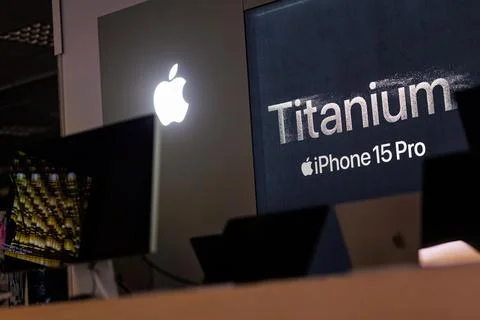 Iphone 15 Pro Titanium ad banner. Iphone smartphone Stock Photos