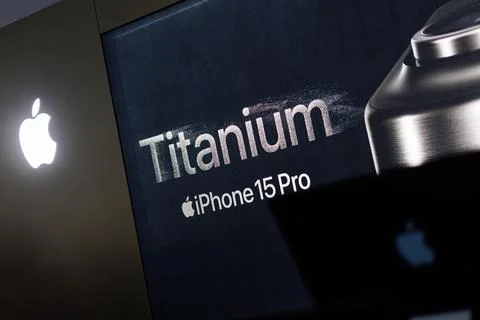 Iphone 15 Pro Titanium ad banner. Iphone smartphone Stock Photos