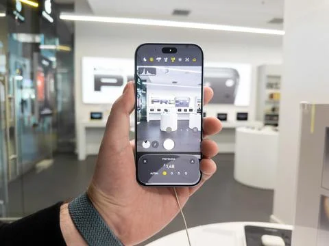 IPhone 18 Pro held in a hand showing camera settings inside a modern tech Stock Photos