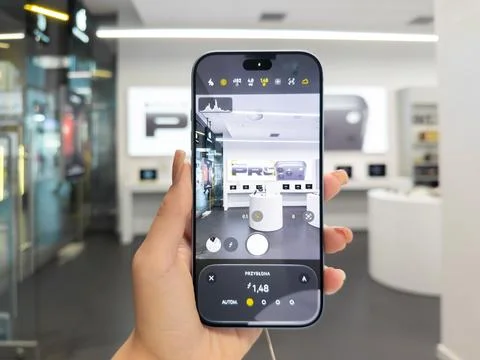 IPhone 18 Pro held in hand inside a bright electronics store, capturing a clear 스톡 사진