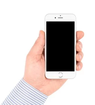 IPhone 6 in hand on white background turned off. Stock Photos