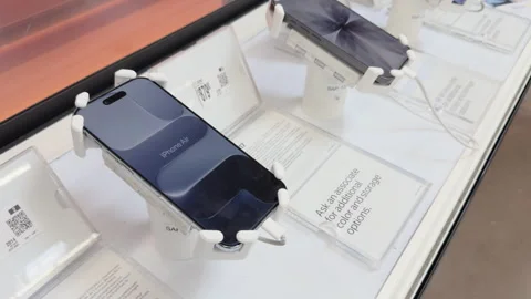 IPhone Air on display at big box store shelf 4k Stock Footage 333003769