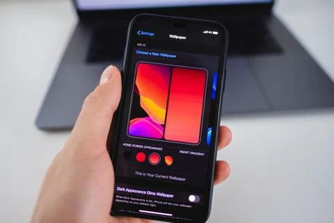 IPhone with iOS 14 on the screen. Stock Photos