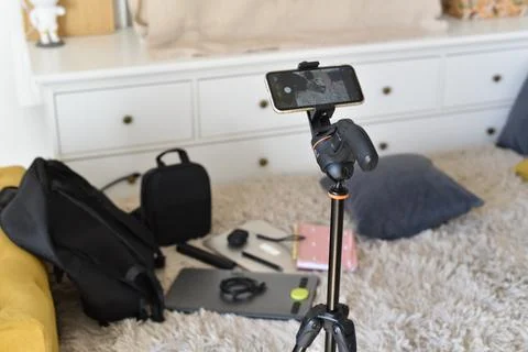 IPhone on tripod capturing creative tools Stock Photos