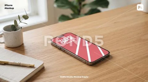 Iphone on wooden desk 2K PSD Template