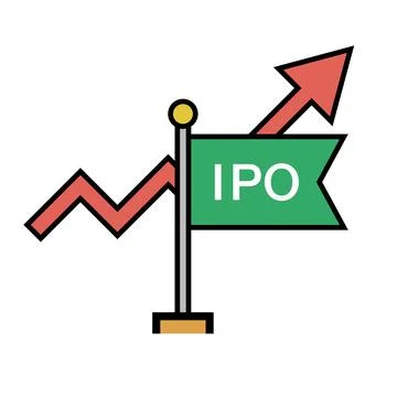 IPO flag and increase arrow icon. Initial Public Offering Stock. Vector. Stock Illustration