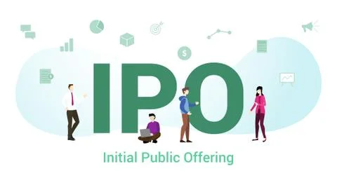 Ipo initial public offering concept with big word or text and team people wit Stock Illustration