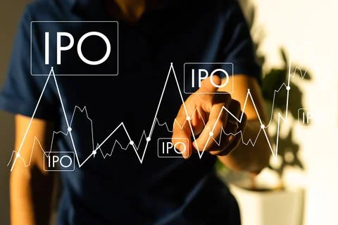 IPO - Initial Public Offering concept with hand pressing a button on blurred Stock Photos