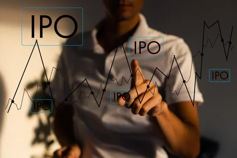 IPO - Initial Public Offering concept with hand pressing a button on blurred Foto stock