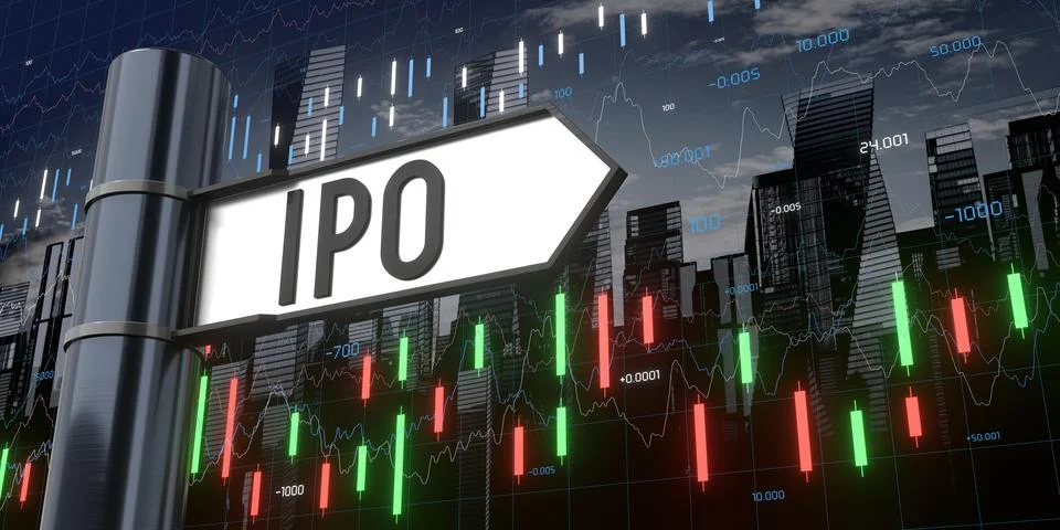 IPO, Initial Public Offering - signpost and financial data - 3D illustration Stock Illustration
