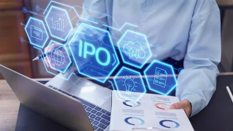 IPO or Initial Public Offering on chart laptop computer, financial trade. C.. Stock Photos