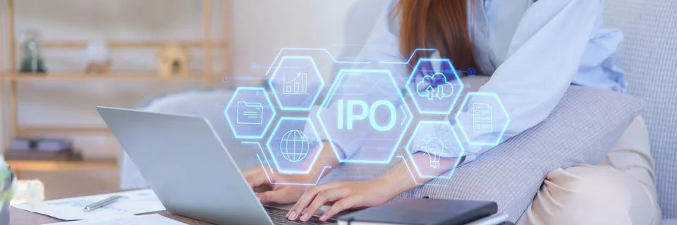 IPO or Initial Public Offering on chart laptop computer, financial trade. C.. Stock Photos
