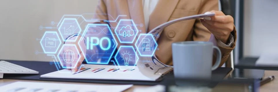 IPO or Initial Public Offering on chart laptop computer, financial trade. C.. Stock Photos
