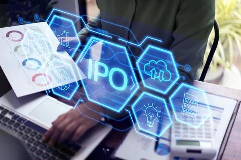 IPO or Initial Public Offering on chart laptop computer, financial trade. C.. Stock Photos