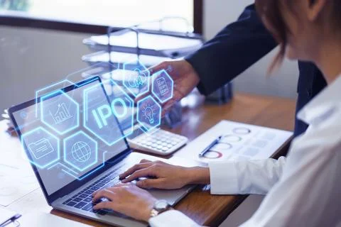 IPO or Initial Public Offering on chart laptop computer, financial trade. C.. Stock Photos