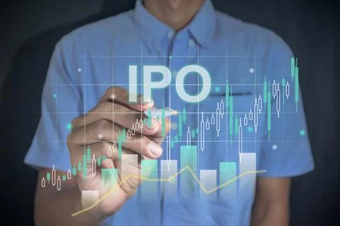 IPO or initial public offering concept. Man holding a pen with virtual stoc.. Stock Photos