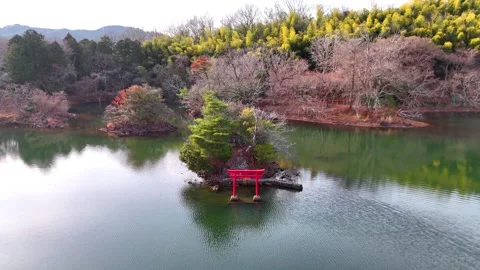 Ippeki Lake, Red Torii, Wide Shot, Static, Aerial Drone│Japan Nature Stock Footage 329057250