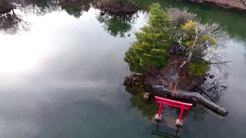Ippeki Lake, Top Down View, Torii Gate, Clear Water, Aerial│Japan Stock Footage 329057333