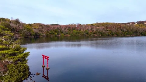 Ippeki Lake, Torii Gate, Side View, Reflection, Aerial│Truck Shot Stock Footage 329057267