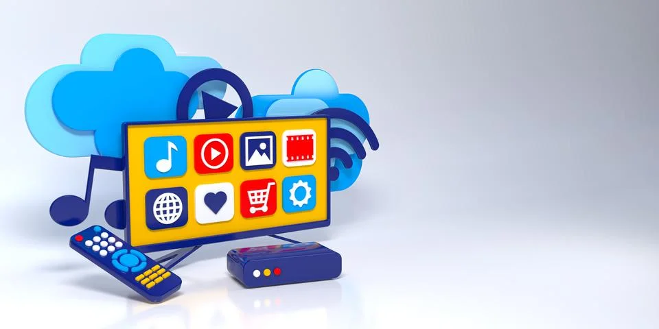 IPTV television set, remote control. 3d concept illustration Stock Illustration