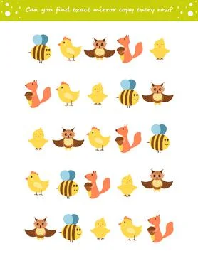 IQ training visual puzzle. Match the pairs - find the exact mirror copy for e Stock Illustration