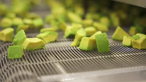 IQF Frozen Avocado Chunks Moving on Wire Conveyor Bed 스톡 동영상 346738976