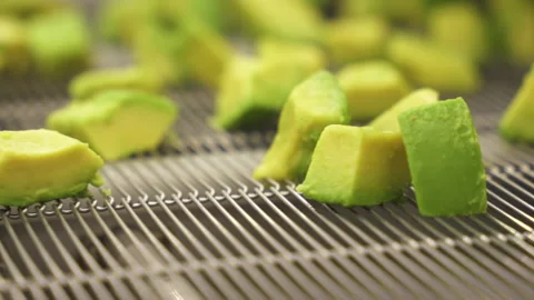 IQF Fruit Cubes Rolling Across Stainless Mesh Belt Stock Footage 346738879