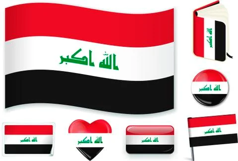 Irak flag wave, book, circle, pin, button, heart and sticker. Stock Illustration