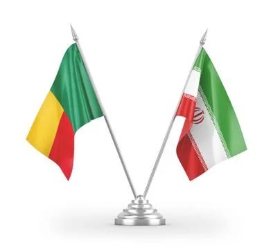 Iran and Benin table flags isolated on white 3D rendering Stock Illustration