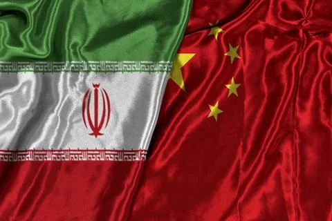 Iran And China Flags Side By Side On Silk Fabric Symbolizing Diplomacy And Bilat Stock Photos