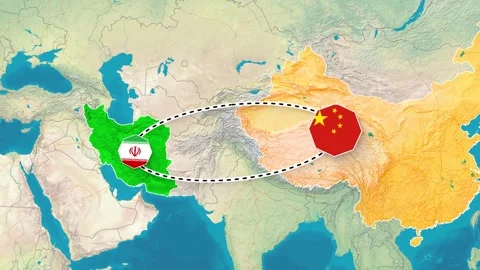 Iran and China map graphic showing international relations and movement video Video stock 345630344