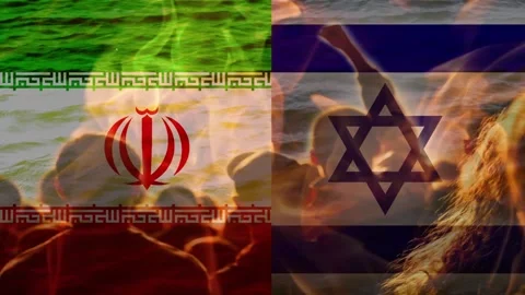 Iran and Israel flags split screen with fire and smoke overlay. Conceptual .. Stock Footage 337346829