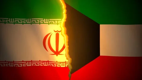 Iran and Kuwait flags torn apart along a glowing rift Видео 346386176