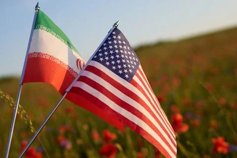 Iran and usa flags representing international diplomacy in meadow 库存照片