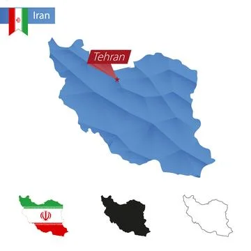 Iran blue Low Poly map with capital Tehran. Stock Illustration