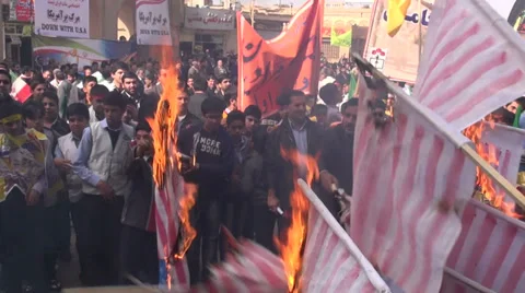 Iran, burning USA flags, student protest, death to America, Israel, England 動画素材 34079350