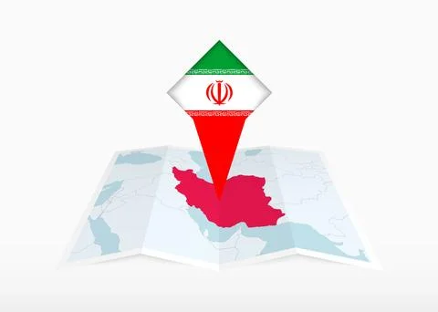Iran is depicted on a folded paper map and pinned location marker with flag.. Stock Illustration