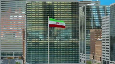 Iran Flag 3D Render Animation on Pole with Modern Business District Building Video stock 332878822