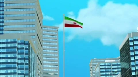 Iran Flag 3D Render Animation with Urban Architecture and Clear Blue Sky Stock-Footage 332945248
