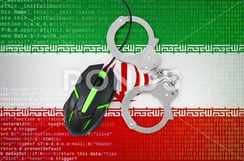 Iran flag and handcuffed computer mouse. Combating computer crime, hackers a Stock Photos