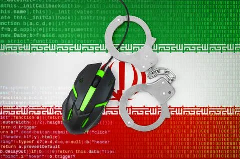 Iran flag  and handcuffed computer mouse. Combating computer crime, hackers a Stock-Fotos