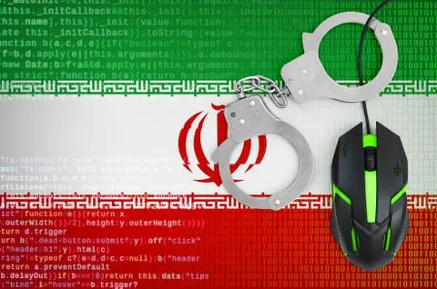 Iran flag  and handcuffed computer mouse. Combating computer crime, hackers a Stock-Fotos