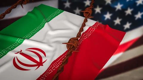 Iran Flag Behind Barbed Wire With Blurred United States Flag Background Pol.. Stock Illustration