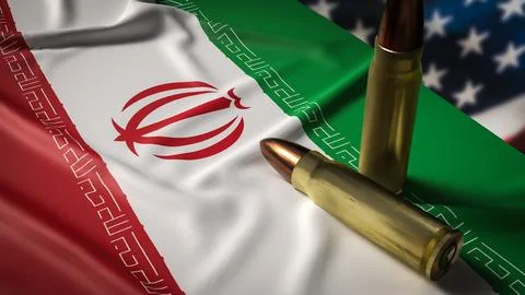 Iran Flag With Bullets and Barbed Wire Against Blurred United States Flag P.. Stock Illustration