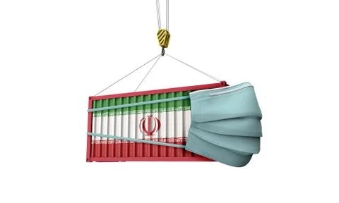 Iran flag cargo shipping container with protective mask. 3D Render Illustrazione stock