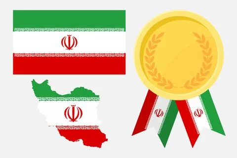 Iran flag with map and gold medal in set for web and banners or app and games Illustrazione stock