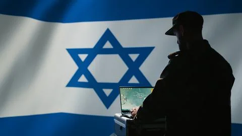 Iran IDF army operator uses software on laptop to communicate information Stock Photos