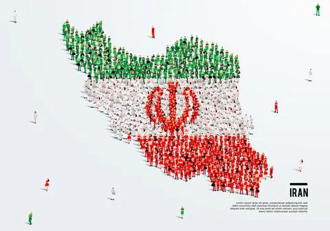 Iran Map and Flag. A large group of people in the Iranian flag color. Stock Illustration